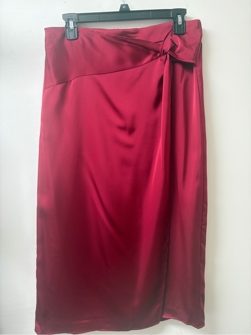 Nine West Burgundy Satin Midi Skirt, faux wrap around